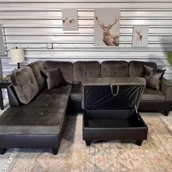New Gray Sectional Sofa Microfiber Couch With Free Storage Ottoman And Pillows 