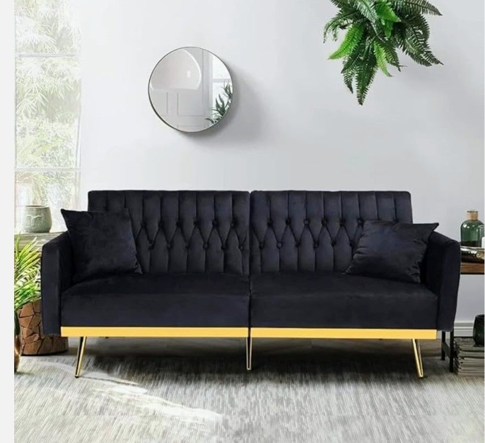 Plush Black Velvet Convertible Sofa/Futon/Bed
