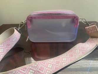 Clear Stadium Crossbody Bag with Pink Embroidered Strap