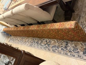 Window valance 110 inches long 4 1/2 inches deep 18 inches tall. Heavy, made of wood, covered in fabric