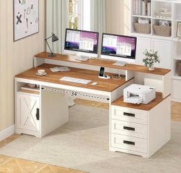 65’’ Home Office Desk with Power Outlets, Storage Cabinet and Printer Stand with Long Monitor Stand, Brown and White