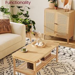2-Tier Coffee Table for Living Room, Living Room Table Rectangular Center Table, with PVC Rattan Storage Shelf, Rounded Corners, Easy Assembly, Boho S