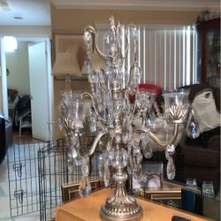 Silver tone And Crystal Candelabra 