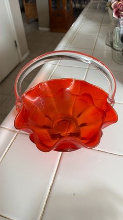 Red Art Glass Basket with Clear Handle