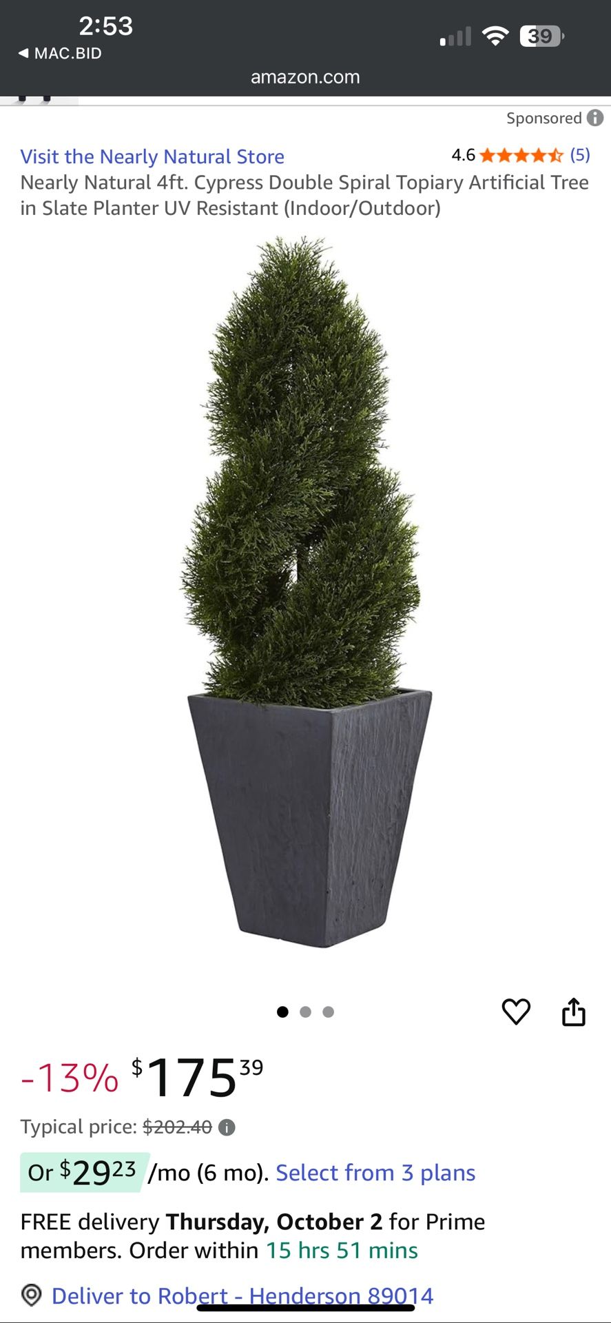 Nearly Natural 4ft. Cypress Double Spiral Topiary Artificial Tree in Slate Planter UV Resistant (Indoor/Outdoor)