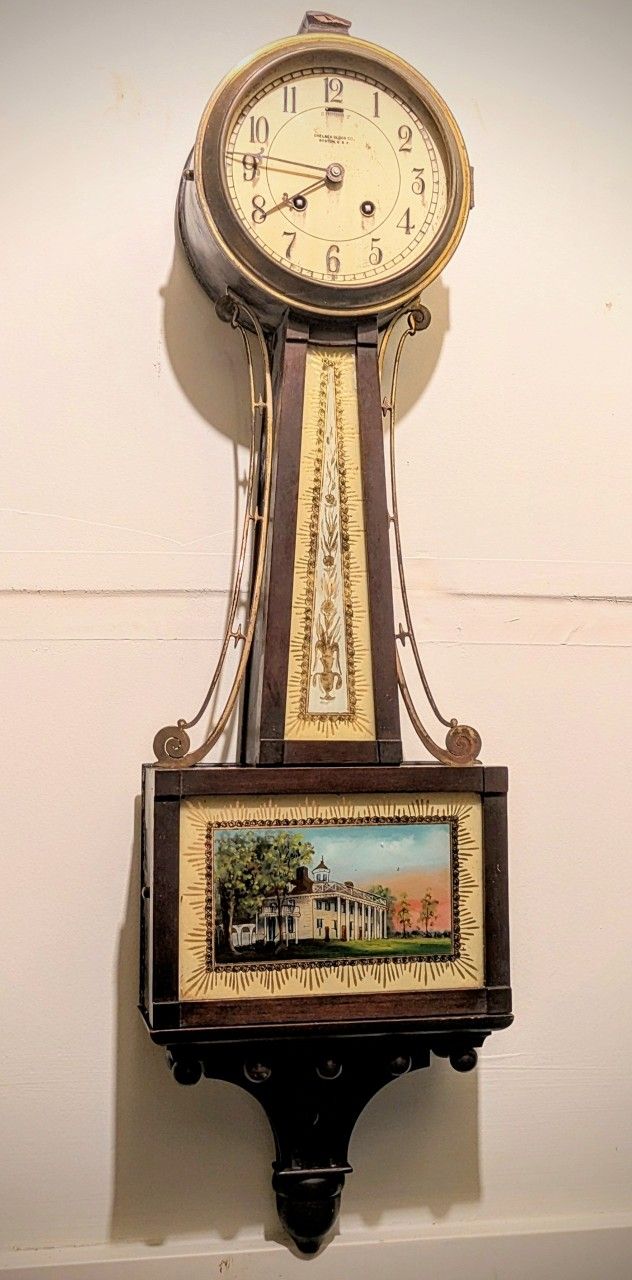 Early 1900's antique Chelsea Clock Company banjo clock, Boston, USA. Gorgeous excellent condition reverse painted glass. Missing glass in bezel