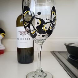 Hand Painted Wine Glass By CV Artist D Sorrensen.  Butterflies And Flowers Design.
