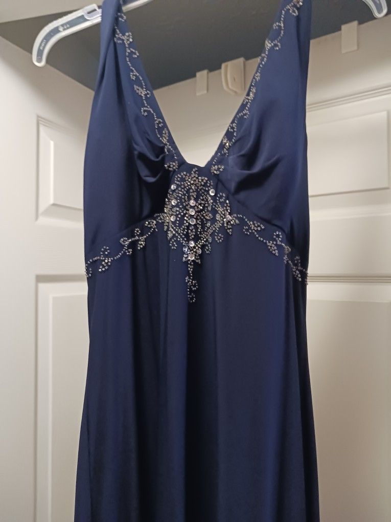 Dark Blue Prom/Event Gown With Embroidered Sequins