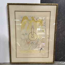 Large Vintage Surreal Framed Art Print – Golden Eagle Motif – 1979