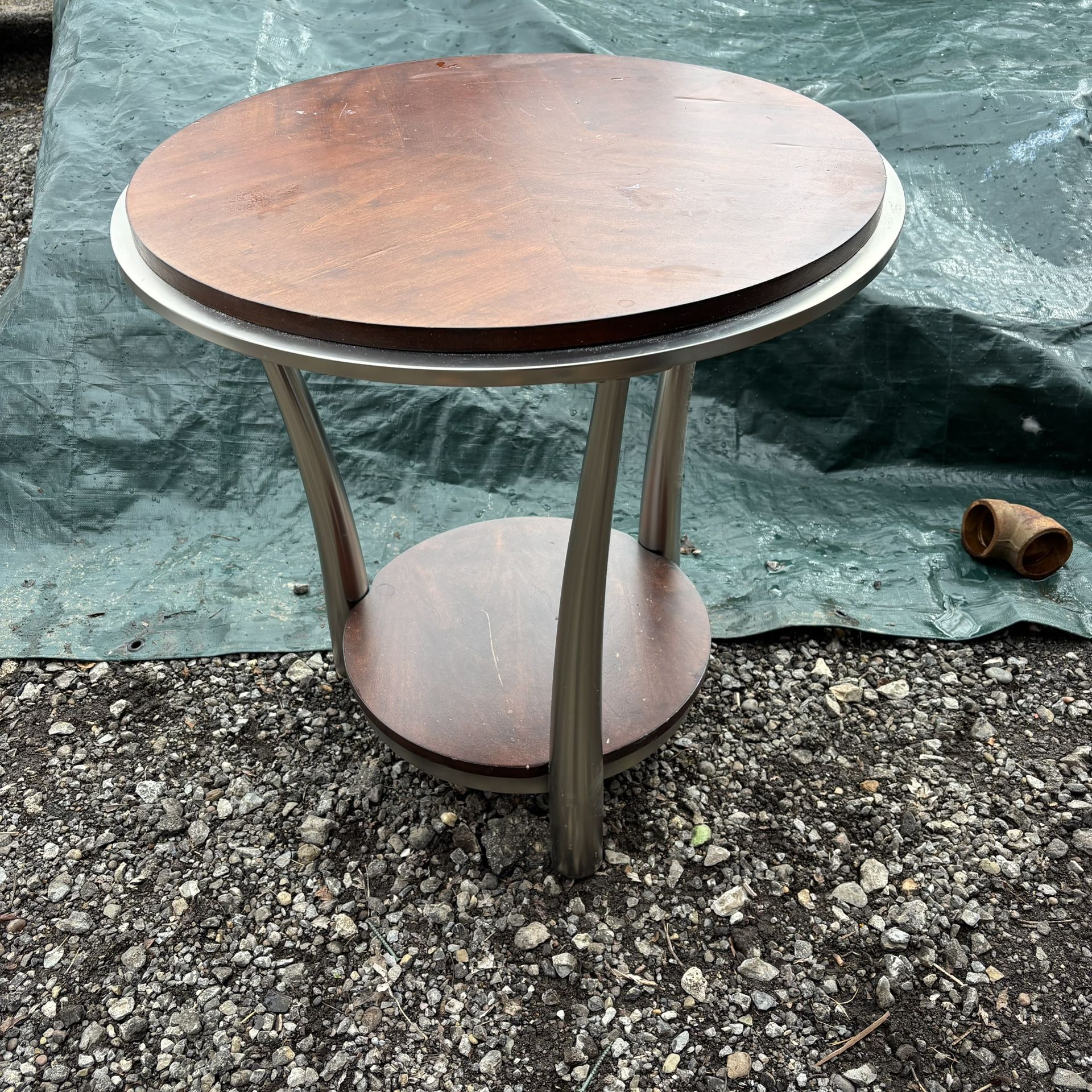 Round End Table Wood Metal Brown Silver