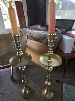 Pair of Vintage 1972 Thai Etched Solid Brass Floor Candlesticks (40ā)