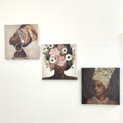 Set Of 3 Afrocentric Canvas Art Prints - 8x8 Inches