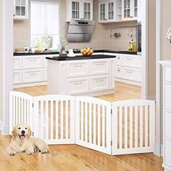 PAWLAND Wooden Freestanding Foldable Pet Gate for Dogs, 24 inch 4 Panels Step Over Fence, Dog Gate for The House, Doorway, Stairs, Extra Wide White, 2