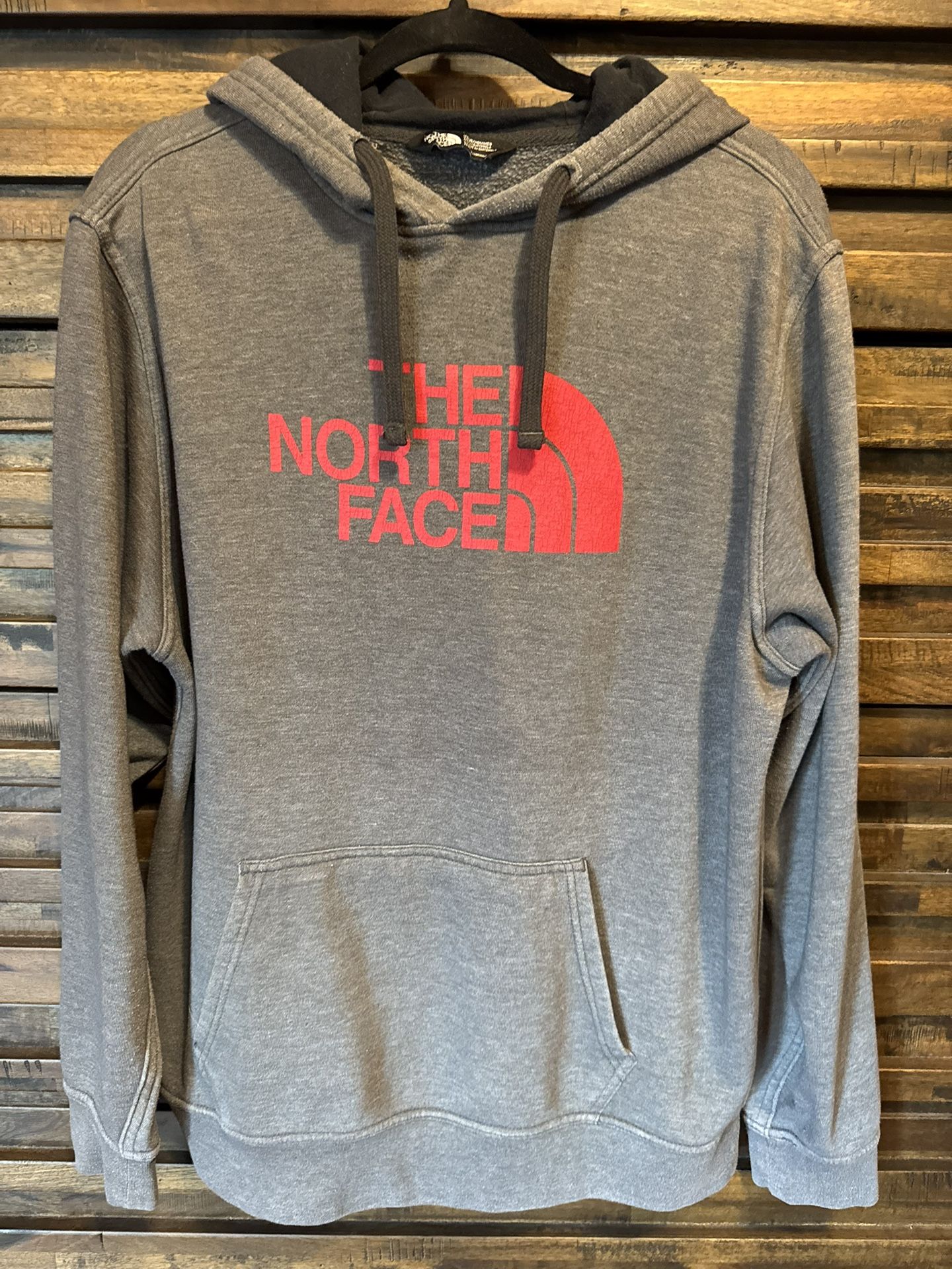 The North Face Red Logo Cotton Mens LRG Long Sleeve Gray Pullover Hoodie EUC