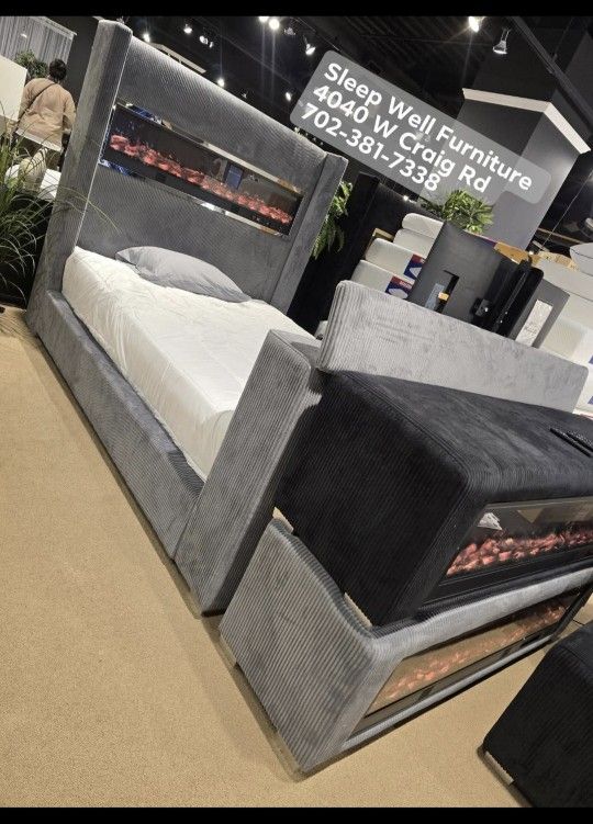 🌟Queen, King Light Up Fireplace TV Pop Up Bed Frame 💥 Furniture Sectionals Avail