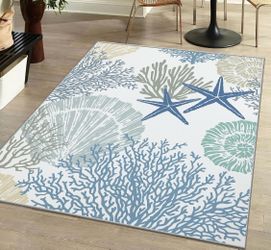 5*7” Coastal Area Rug Nautical Beach Themed Non-Slip Machine Washable Carpet Easy to Clean