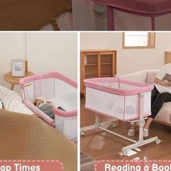 NEW pink baby bassinet bedside sleeper with wheels NUEVA CUNA moises junto a la cama color rosa