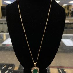 14KYG 18” Necklace Emerald & Diamond Pendant 