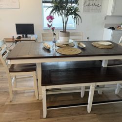 Wood Dining Set Table And 4 Chairs & Bench 