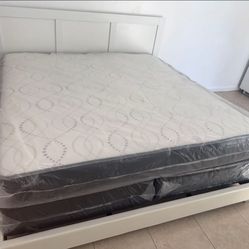 New KING Size bed frame with mattress and box spring set platform bed frame wooden headboard White Bed Frame