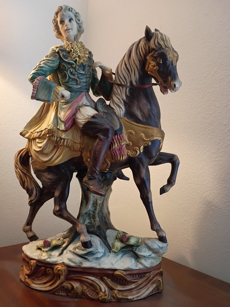 Antique Or Vintage Italian Porcelain Ceramic Horse & Rider Lamp Base Statue