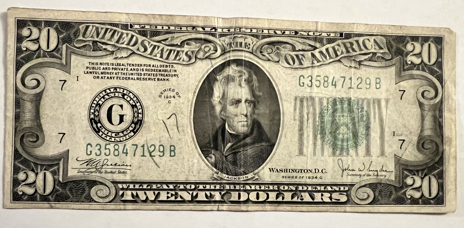 1934C USA $20 Federal Reserve Note - Washington DC Mint