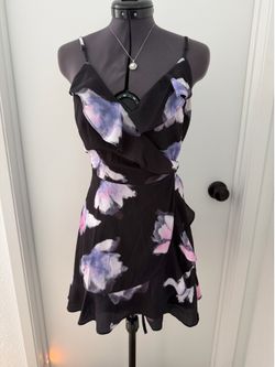 Romantic Black Floral Ruffle Faux-Wrap Mini Dress