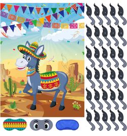 Pin The Tail On The Donkey - Póster de juegos de fiesta de burro mexicano con 30 calcomanías de cola para niños, cumpleaños, fiesta mexicana,