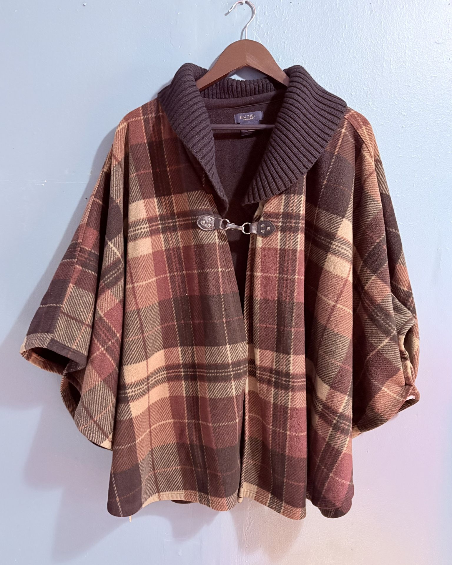 Rachel Roy Women's Collar wrap Fleeced Cape Plaid flannel Brown Red And Tan