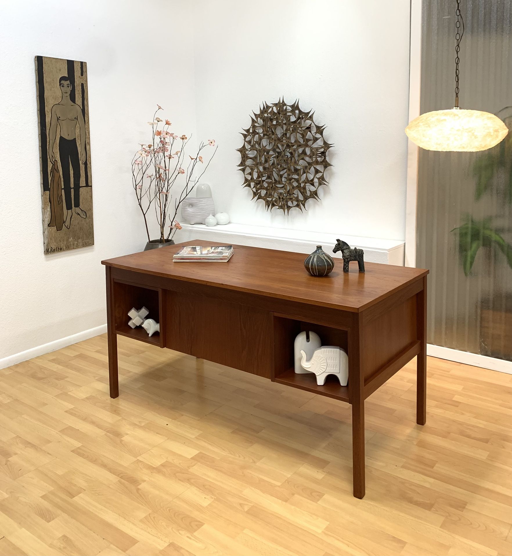 Danish Modern Teak Executive Desk Bookshelf Bookcase Finished Back MCM Denmark Domino Mobler Scandinavian
