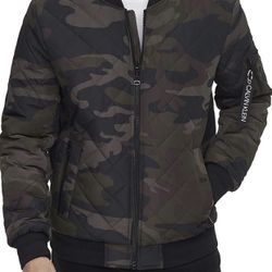 Calvin Klein Men's Quilted Baseball Jacket with Rib-Knit Trim Olive Camo