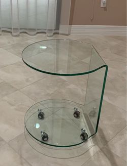 New Glass Waterfall End Table w/ Casters – 2-Tier Round Side Table