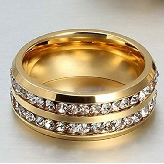 Size 7  Mens And Womens  Fashion Wedding Ring  Double Rows Rhinestones Titanium