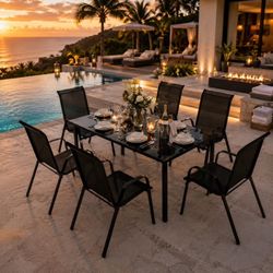 Patio Dining Set for 6, Modern Outdoor Rectangular Glass Top Table with 6 Chairs