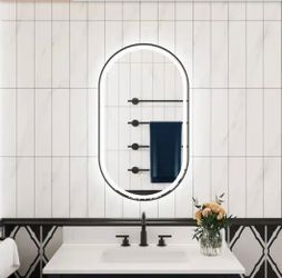 20 in. W x 36 in. H Oval Framed LED Dimmable Anti- Fog Wall Bathroom Vanity Mirror in Matte Black
