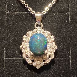 Natural Black Opal White Gold Pendant Necklace 925