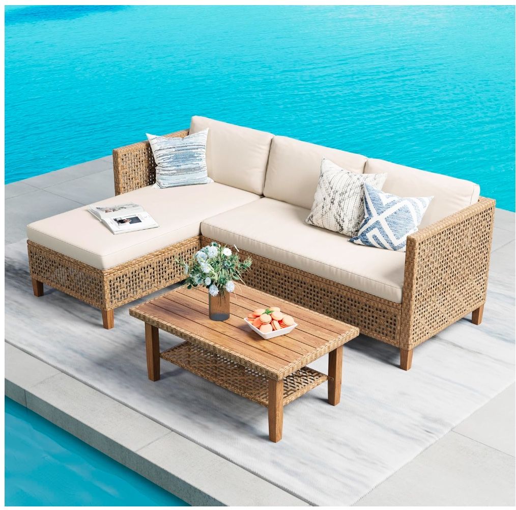 Brand New Wicker Patio Furniture Set, Outdoor L-Shaped Sectional Sofa with Cushions and Acacia Wood Double-Layer Coffee Table, Boho Style for Garden,