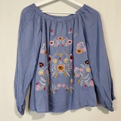 Women’s Floral Embroidered Off The Shoulder Blouse Top Denim Blue NWOT