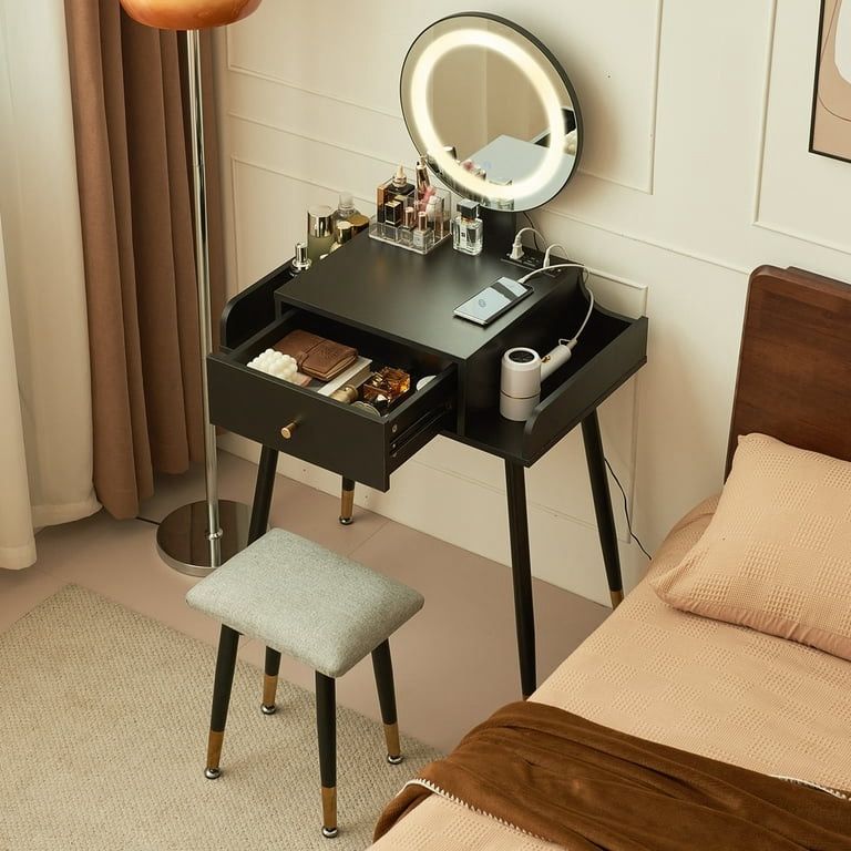 Makeup Vanity Table Set with Stool, Vanity Table with Mirror and Light Power Outlet, Adjustable, Black