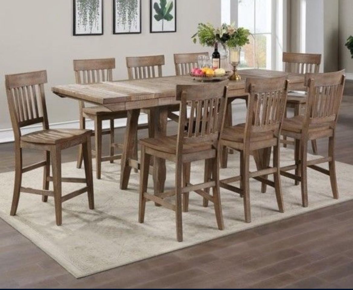 Steve Silver Furniture Riverdale Counter Height 9pc Set, 72"-96" Rectangular Table w/Two 12" Leaves, 8 Wooden Counter Chairs, Rustic/Farmhouse Design,