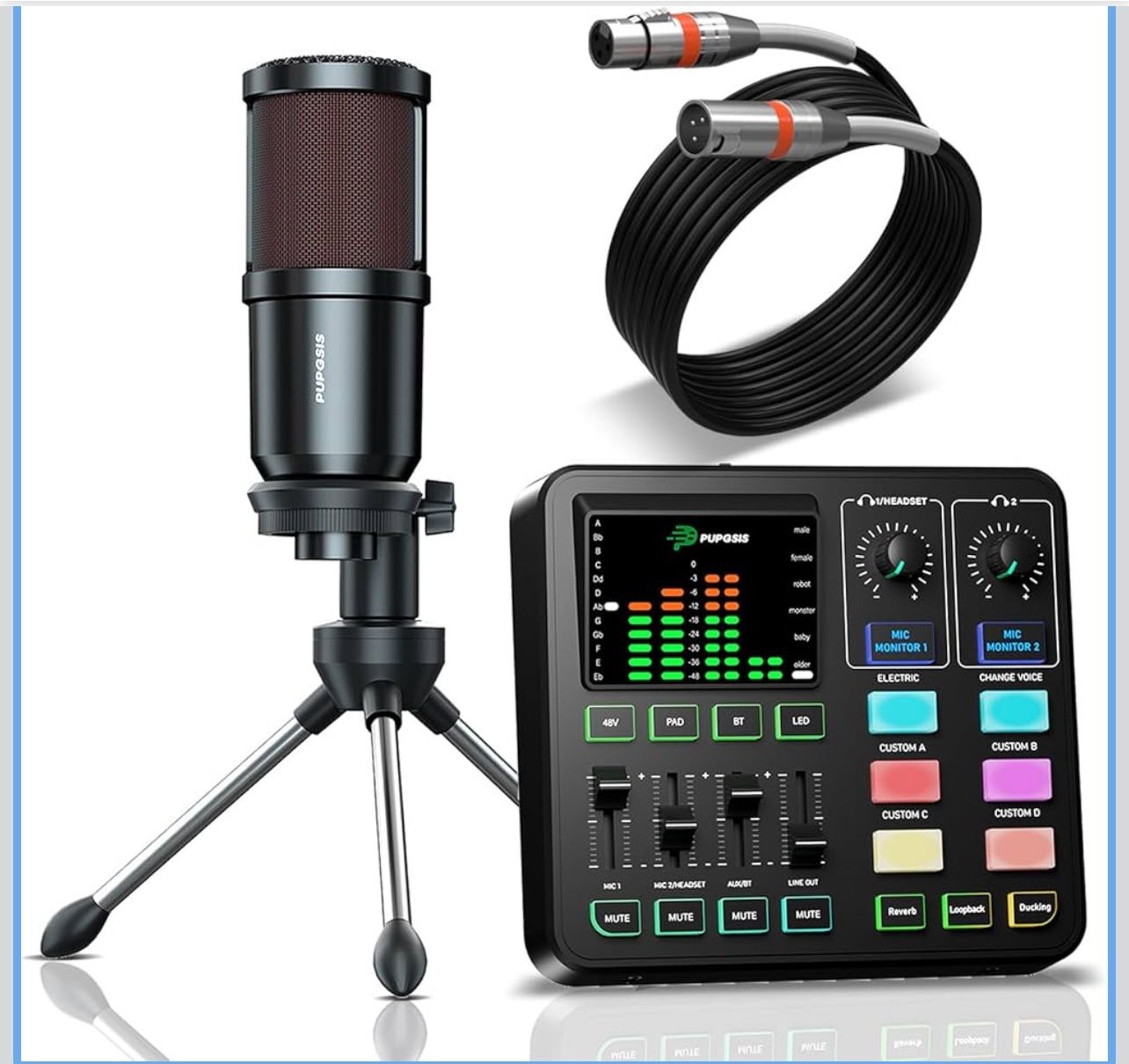 Audio Mixer with XLR Dynamic Microphone, Pro-preamp, Bluetooth 5.3, All-in-One Gaming Equipment Set for Podcast Recording, Live Streaming, Video Vocal