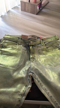 HOLOGRAPHIC SEA GREEN ARMOR JEANS SZ 38
