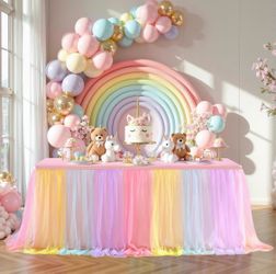 Rainbow Table Cloth Spandex Table Covers 6ft Fitted Tulle Tablecloth Rectangular Desk Skirt Stretch Table Cloths Covers Party Banquet Birthday Baby Sh