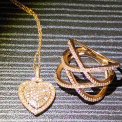 10kt Rose Gold Diamond Ring Plus 14kt Rose Gold Diamond Heart Necklace 