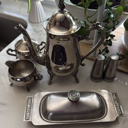 Silver plated tea set w/butter dish /S & P shakers