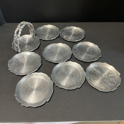 Vintage 1950’s Rodney Kent Aluminum Leaf Coaster Set Of 8 With Caddy 