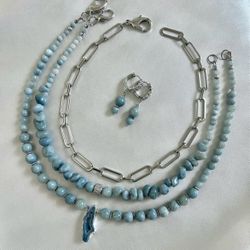 Natural Dyed Quartz Necklace Set (Set of 4) with 925 Sterling Silver earrings, Chain Necklace - blue & silver - Handmade Necklace