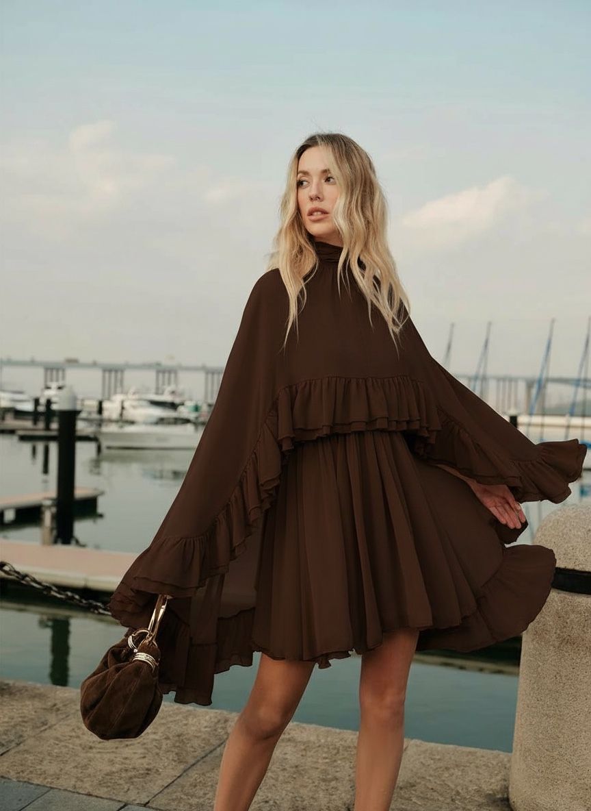 semi-sheer chiffon ruffle dress with outer cape Semi-sheer chiffon ruffle dress with outer cape - Black