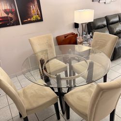 Modern Glass Dining Table Set (4 Chairs) – 4.5 ft Round – Good Condition