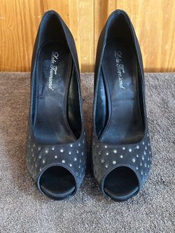Lulu Townsend Black Satin Rhinestone Peep-Toe Heels 9.5W